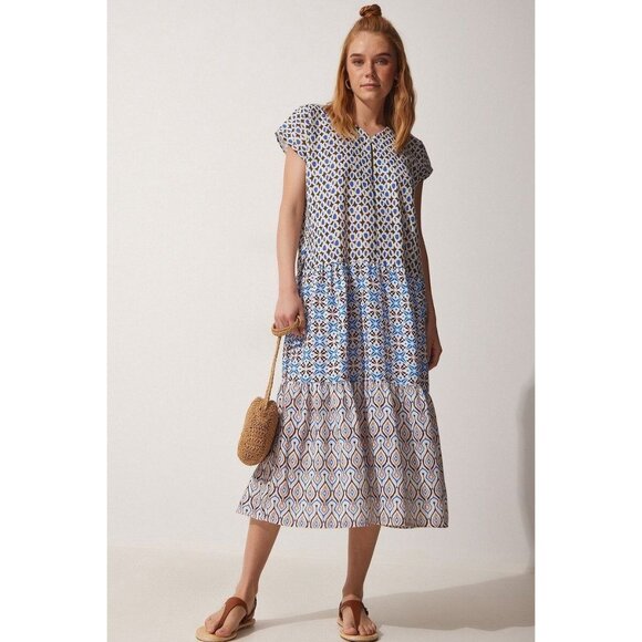 ZARA Blue Printed Cotton Voile Tiered A-Line Midi Dress, Size L - Picture 12 of 15